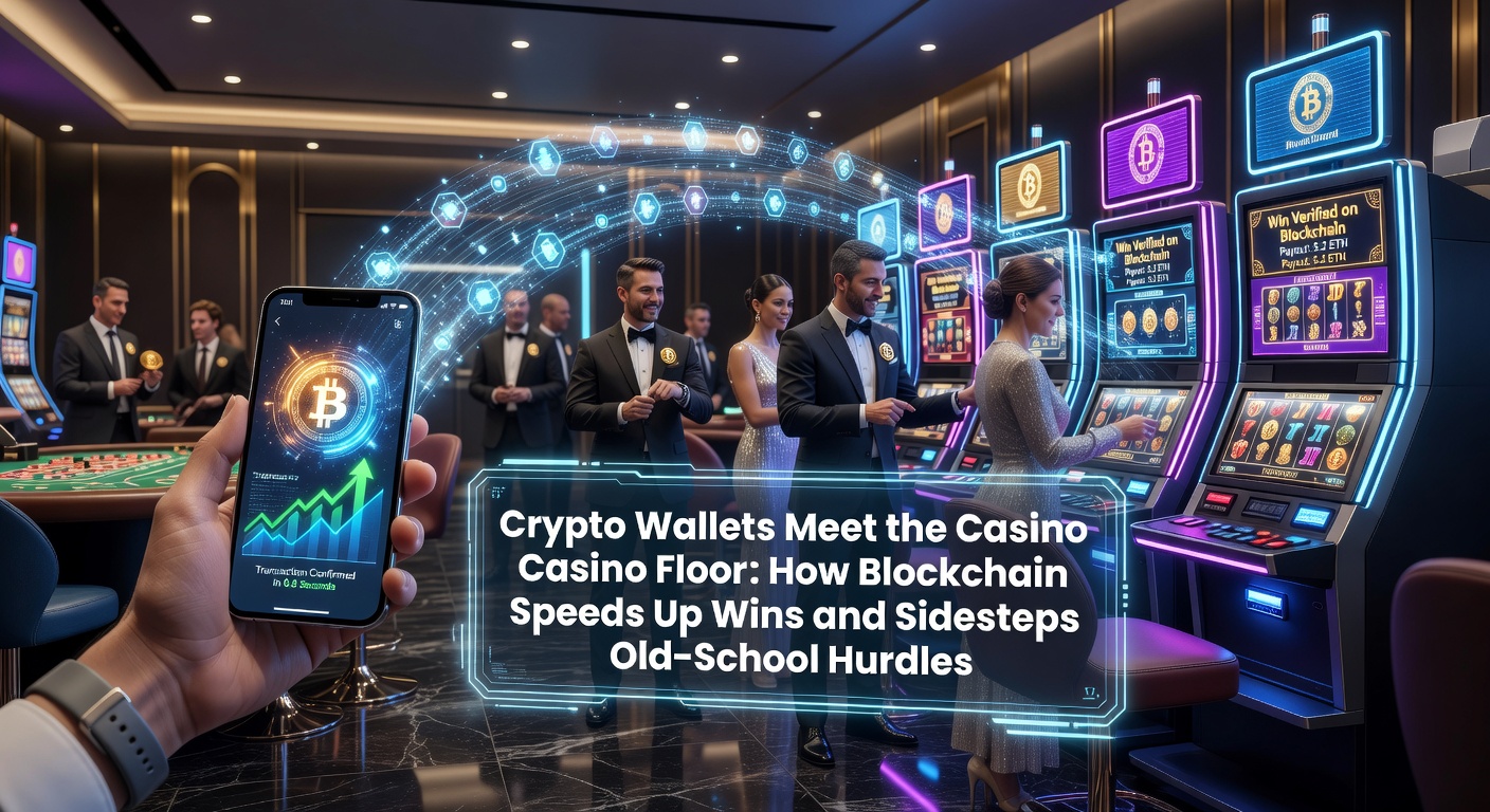 Darstellung einer digitalen Brücke zwischen Blockchain-Wallet und Casino-Slotmaschine mit fließenden Krypto-Transaktionen