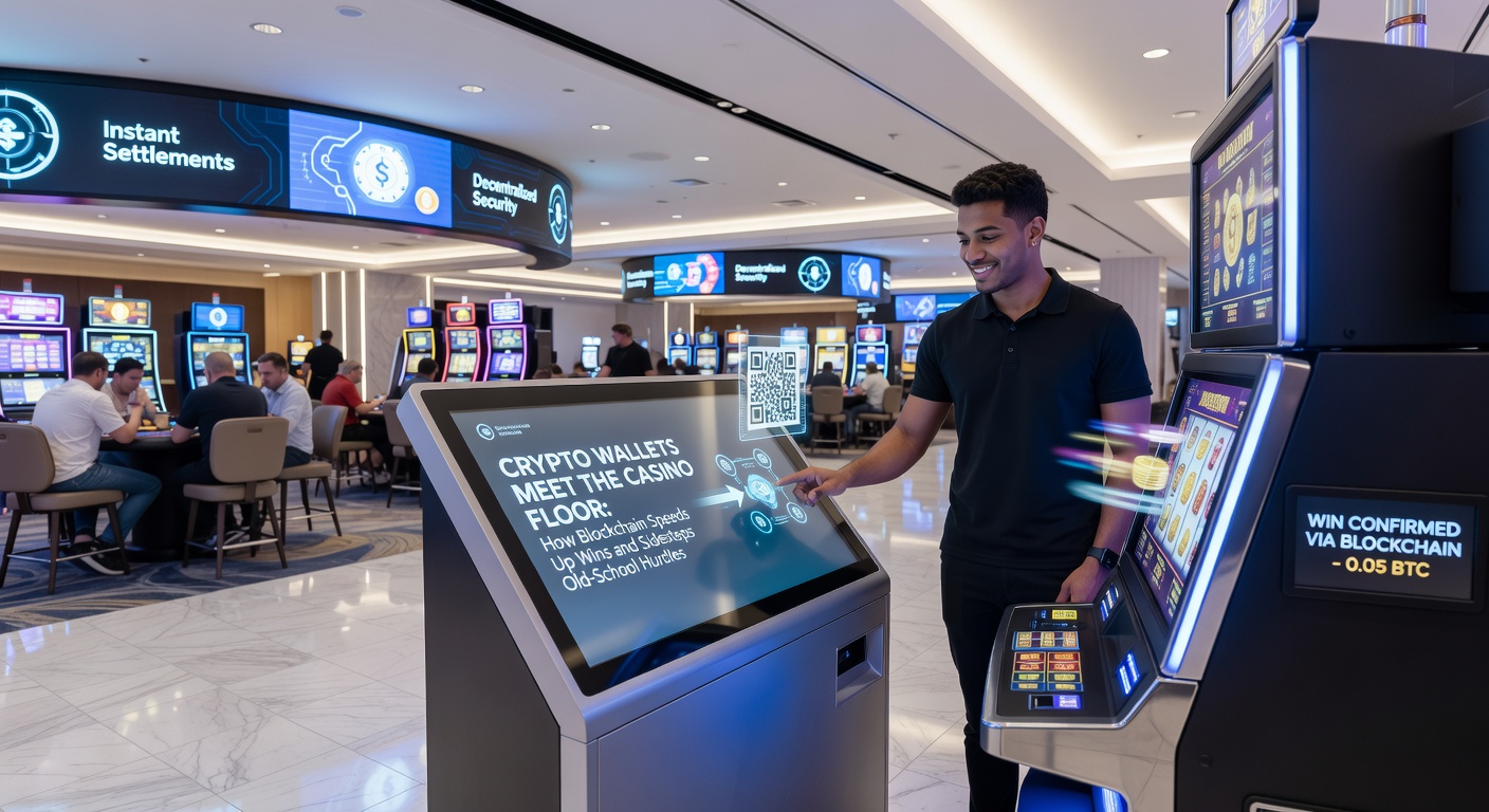Visuelle Grafik einer Blockchain-Transaktion von Casino-Gewinn zur Wallet mit Zeitstempel und Smart-Contract-Icons