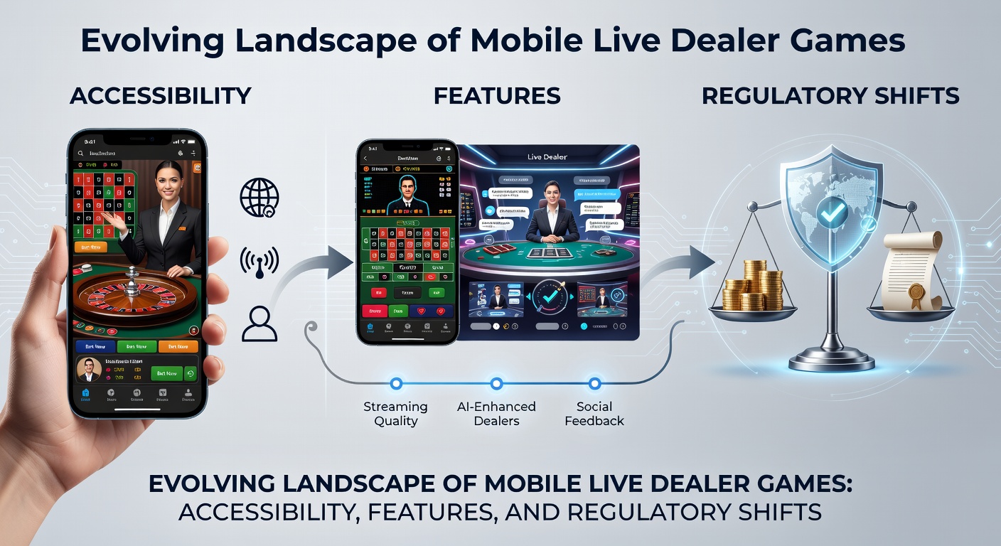 Smartphone mit Live-Dealer-Spiel auf dem Bildschirm, umgeben von Casino-Elementen wie Roulette und Karten, das die Mobilität und Immersion betont