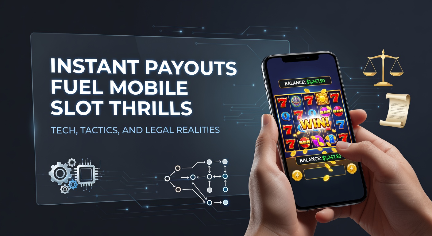 Smartphone mit Slot-App und Blitz-Symbol für Instant Payouts, umgeben von digitalen Zahlungssymbolen