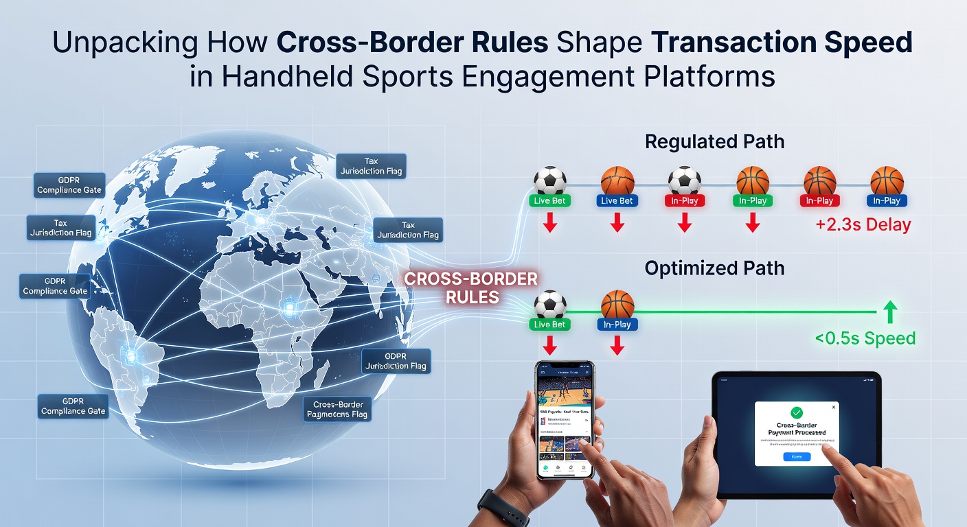 Illustration grenzüberschreitender Transaktionen auf mobilen Sportplattformen mit Fokus auf regulatorische Einflüsse